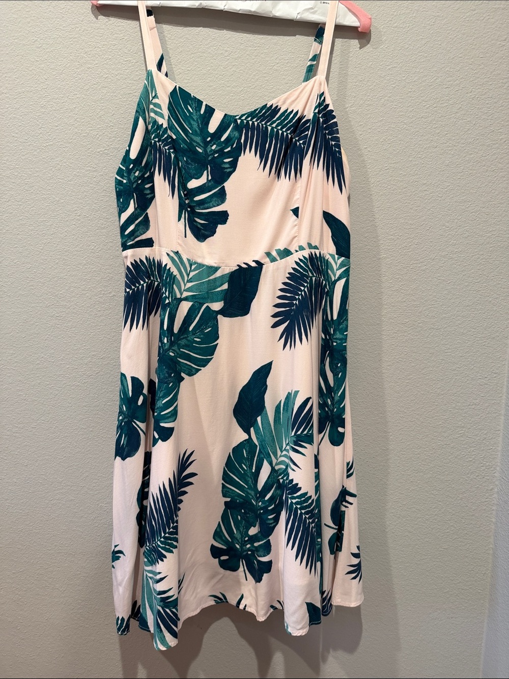 Old Navy Light Pink Mini Dress with Teal Tropical Leaf Print
